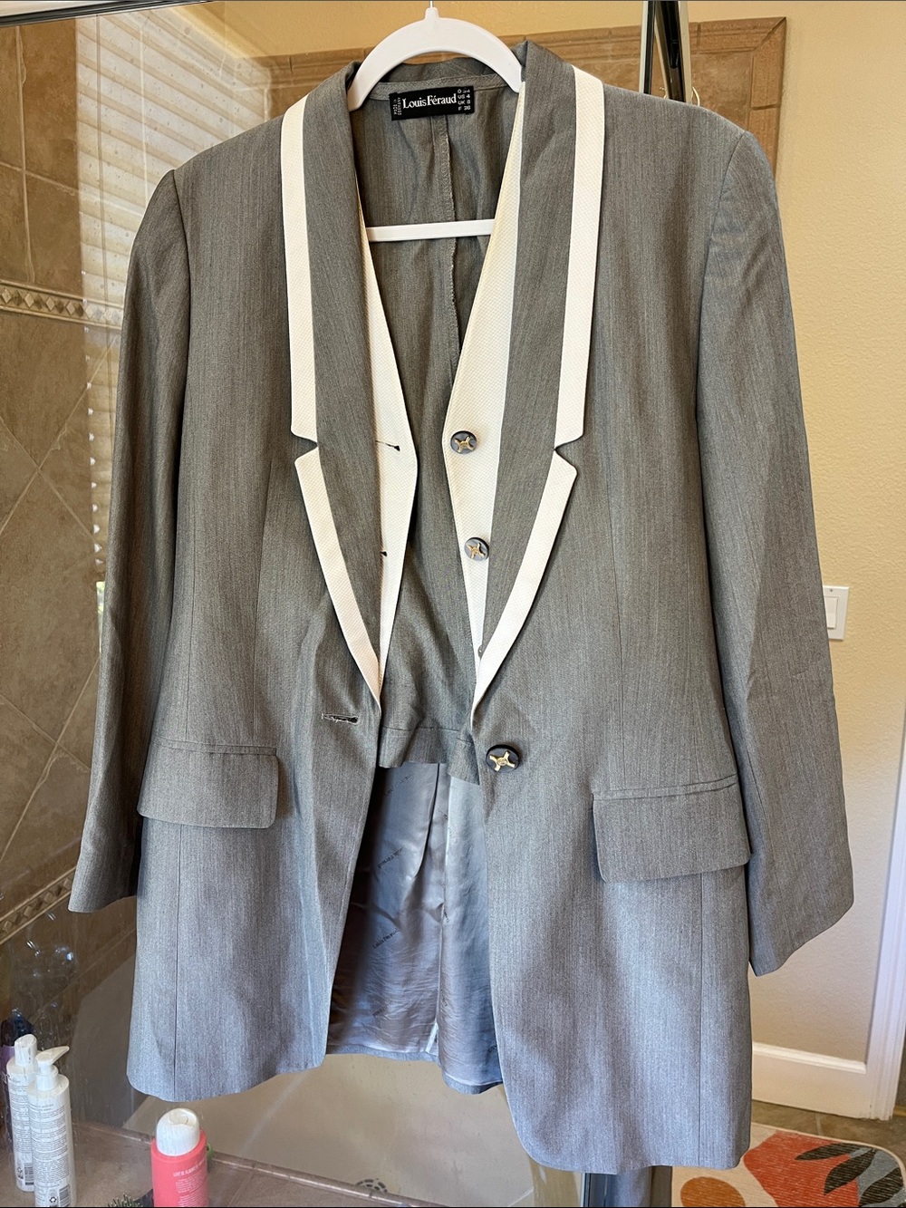 Louis Feraud Gray Blazer with White Trim Shawl Lapel
